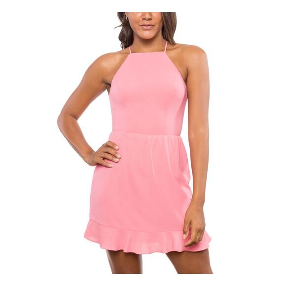 B DARLIN Womens Zippered Spaghetti Strap Halter Short Evening Fit + Flare Dress - Picture 1 of 2